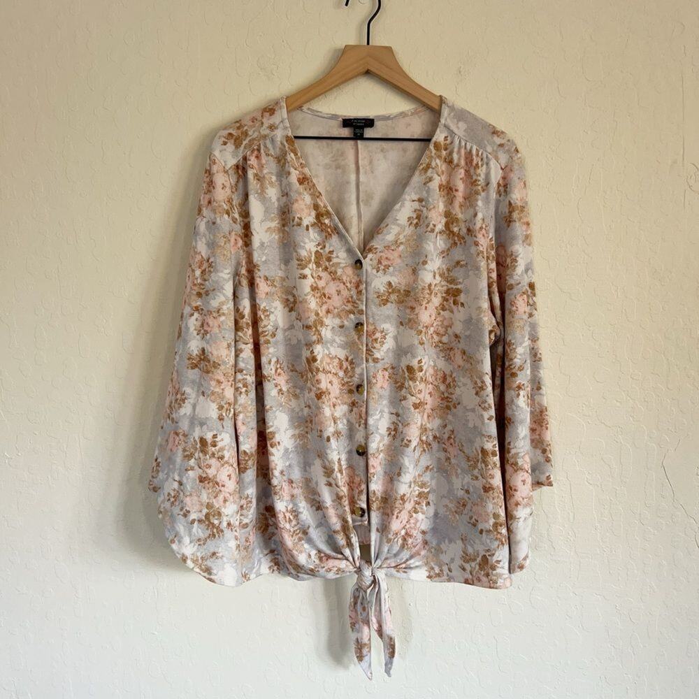 Cocomo Long Bell Sleeve Button Front Tie Waist Top Plus Size 1X Pink Blue Floral